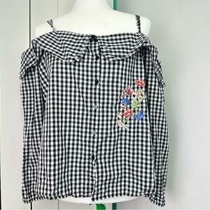 Cotton On Gingham Cold Shoulder Long Sleeve Button Down Top Size Medium